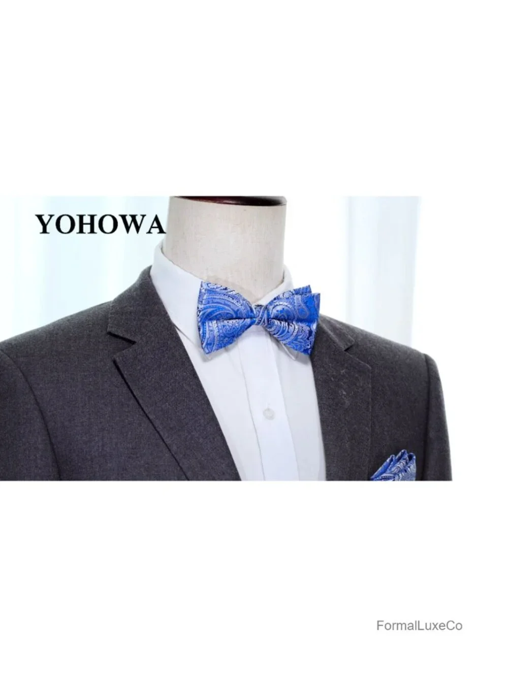 Mens Pre-Tied Paisley Bow Tie Set with Handkerchief & Cufflinks Silk